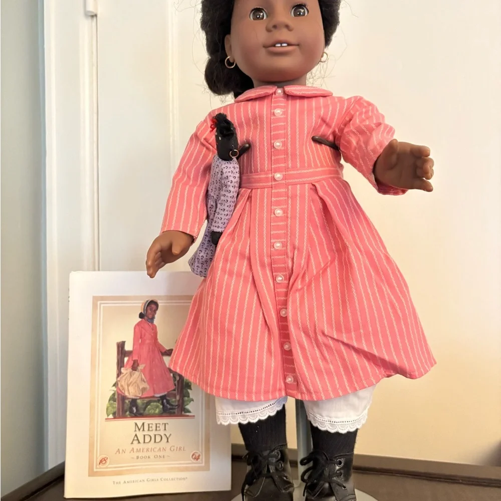 1980s Pleasant Co American Girl Doll Addy in Striped Pink Dress with Black Boots - Picture 1 of 5